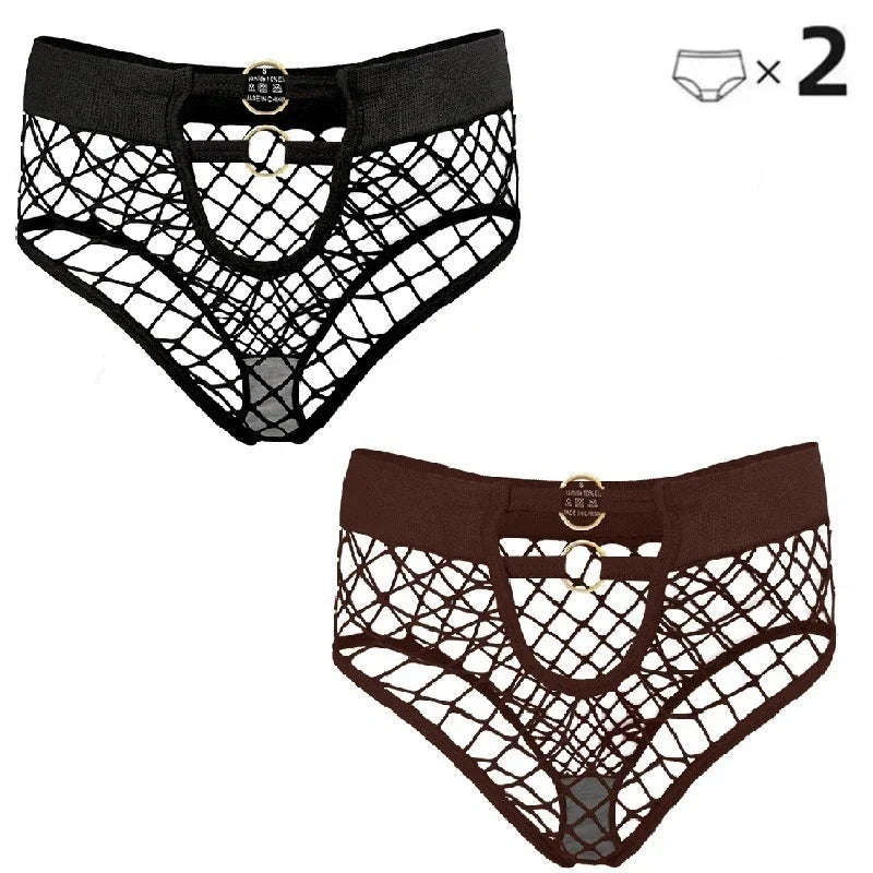 2pcs Sexy Women's Panties Briefs  Elasticity Underwear Mid Waist Fishnet Lingerie Ladies Hollow Out Transparent Underpants