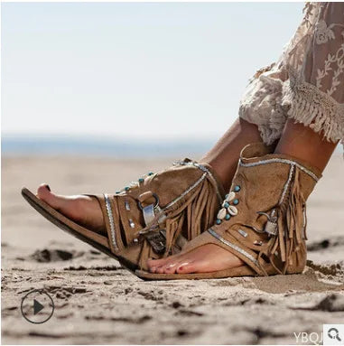 Retro Women Fringe Flower Wedges Shoes 2022 Solid Flock Beach Casual Sandals Women Summer Flip Flop Sandals