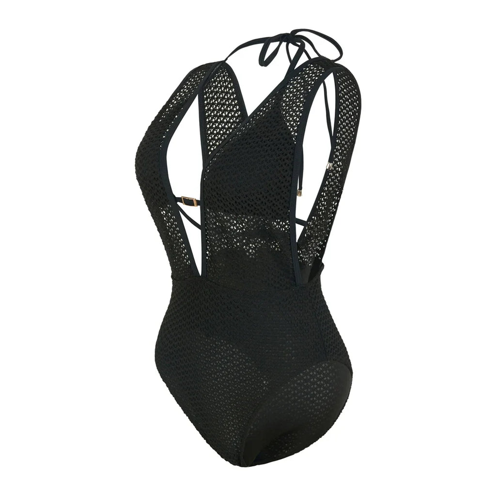 S - XL Deep V Neck Knit Fish Net Mesh Women Swimwear One Piece Swimsuit Female Monokini Backless Bather Bathing Suit Swim V7832