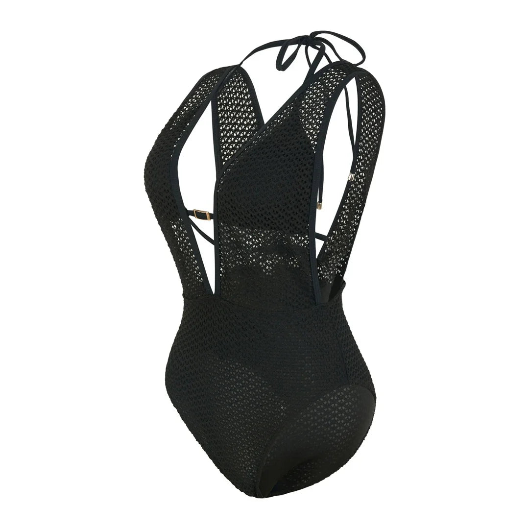 S - XL Deep V Neck Knit Fish Net Mesh Women Swimwear One Piece Swimsuit Female Monokini Backless Bather Bathing Suit Swim V7832