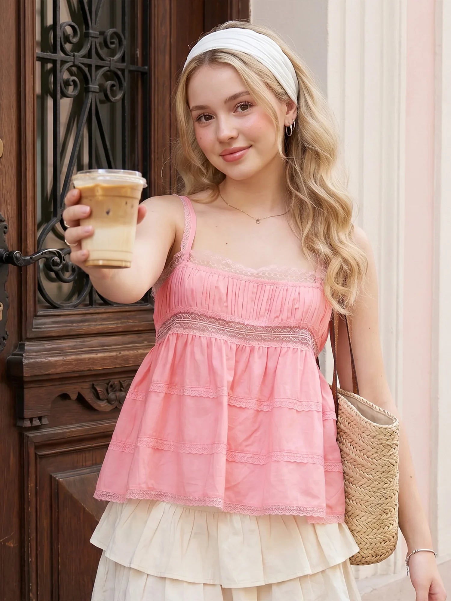 Women's Solid Color Babydoll Tank Tops Summer Stylish Lace Trim Loose Hem Square Neck Spaghetti Strap Sleeveless Camisoles
