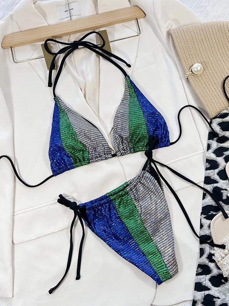 Zebra Print Halter micro Bikini 2025 women Bandeau String Swimsuit Female swimwear Neon Shiny bikini set Leopard Bathing Suit