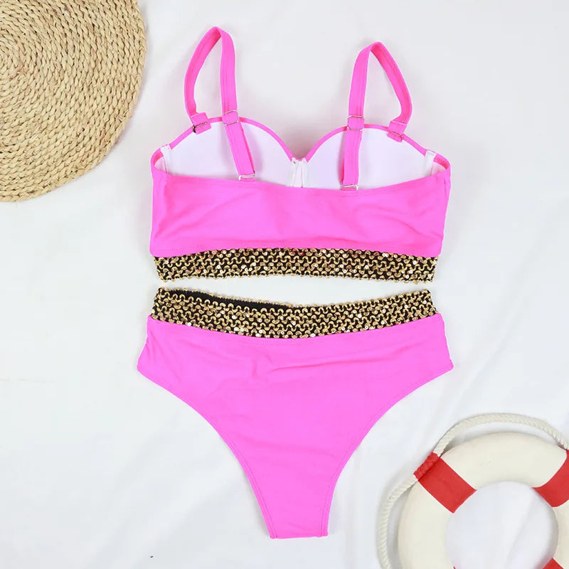 2026 Sexy Bikini Women Push Up Swimwear Swimsuit Gold Wavy Edge Patchwork High Waist Bikinis Set Bathing Suit Biquinis Feminino