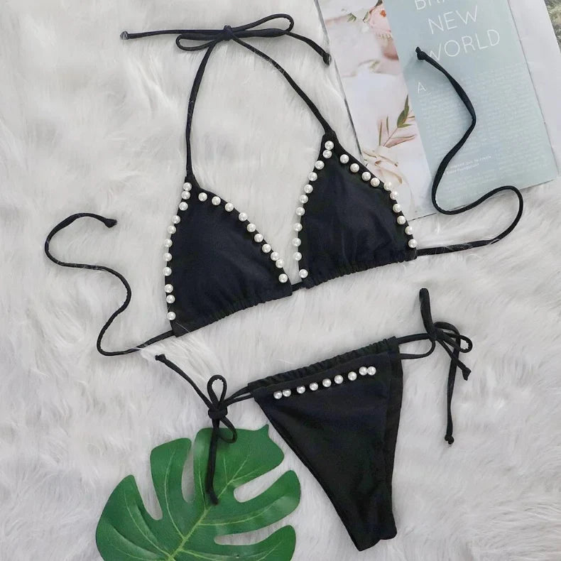 Bikini 2026 Sexy Black Halter Pearl Decor Swimwear Swimsuit Women Bikinis Set Bathing Suit Beach Bikini Female Biquinis Feminino