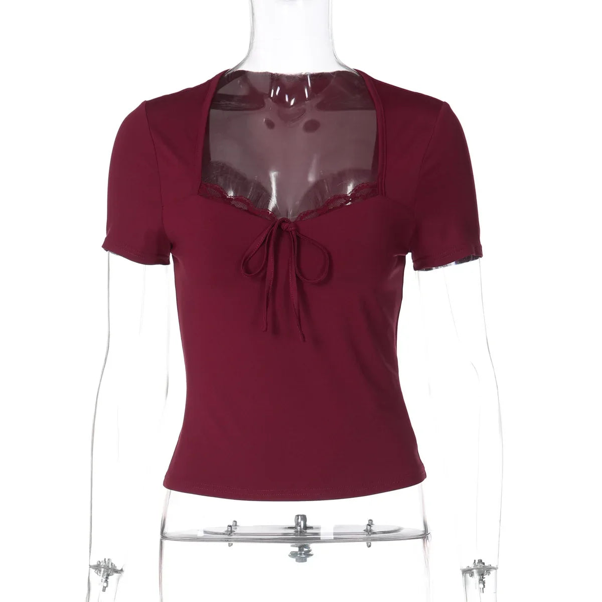 FDYOUI Women's Fashion Lace Patchwork T-shirt Streetwear Ladies Sexy Short Sleeve Bandage Tops Tees Y2K Slim Corset T Shirts