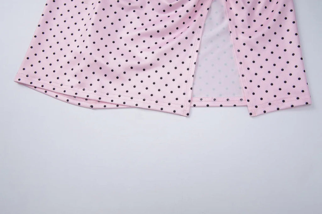 FDYOUI Women's Polka Dot Print Pink Swimsuit Lace-up Bras Panties Split Skirts 3 Pieces Bikinis Sets Bathing Suit Beach Swimwear