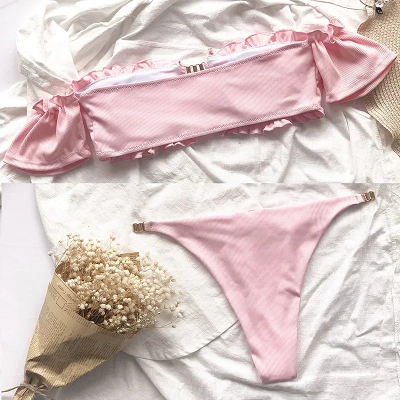Ruffled Frilled Off Shoulder Bikini Women Swimsuit Female Swimwear Two Pieces Bikini Set Bandeau Bather Bathing Suit Swim Lady