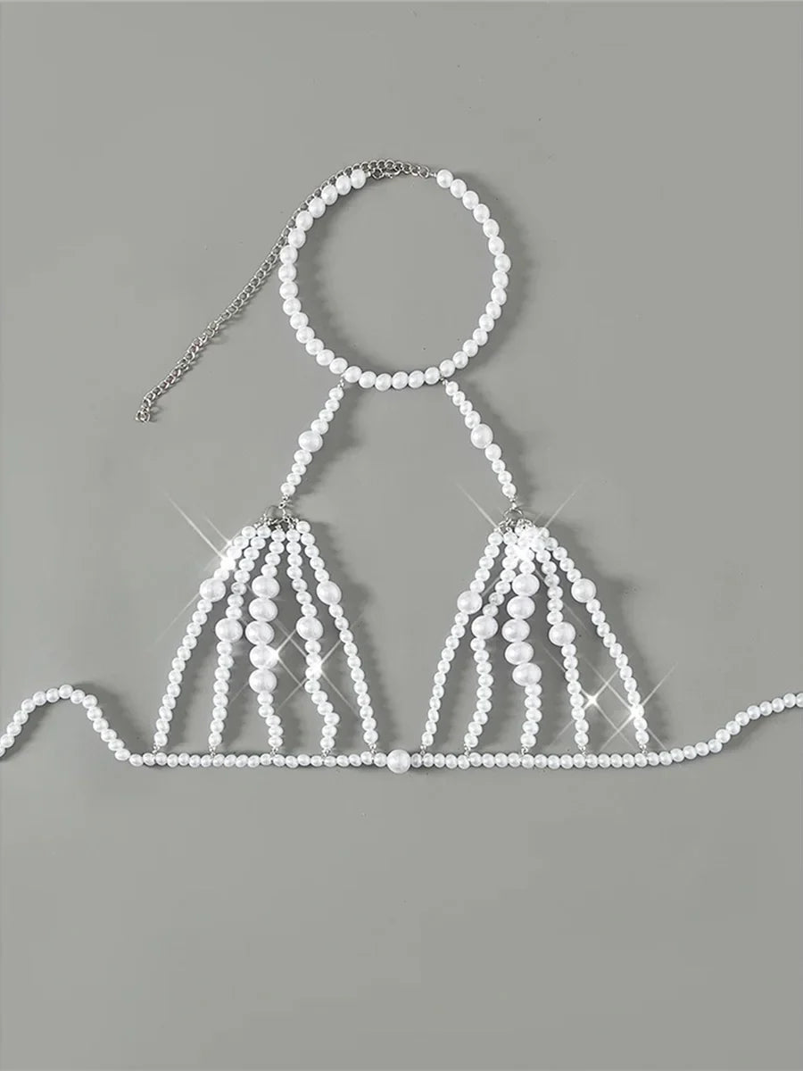 Luxury Pearls Chain Halter Hollow Out See Through Bikini Top Female Swimsuit Women Swimwear Bather Bathing Suit Swim Beach Top