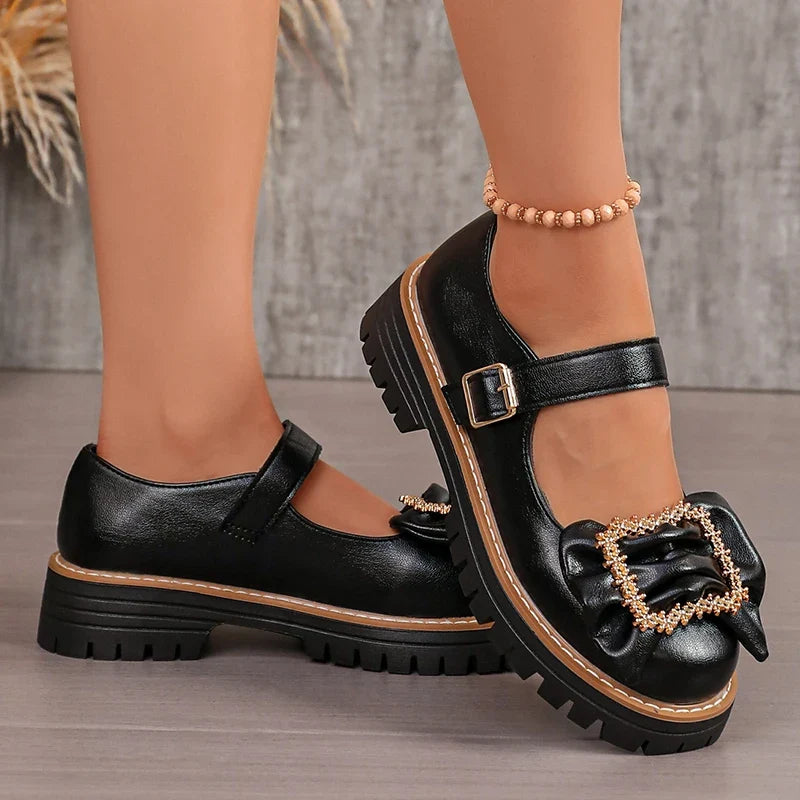 Crystal Buckle Platform Mary Jane Shoes Women Plus Size 43 Thick Sole Pu Leather Shoes Woman Ankle Strap Round Toe Pumps Female