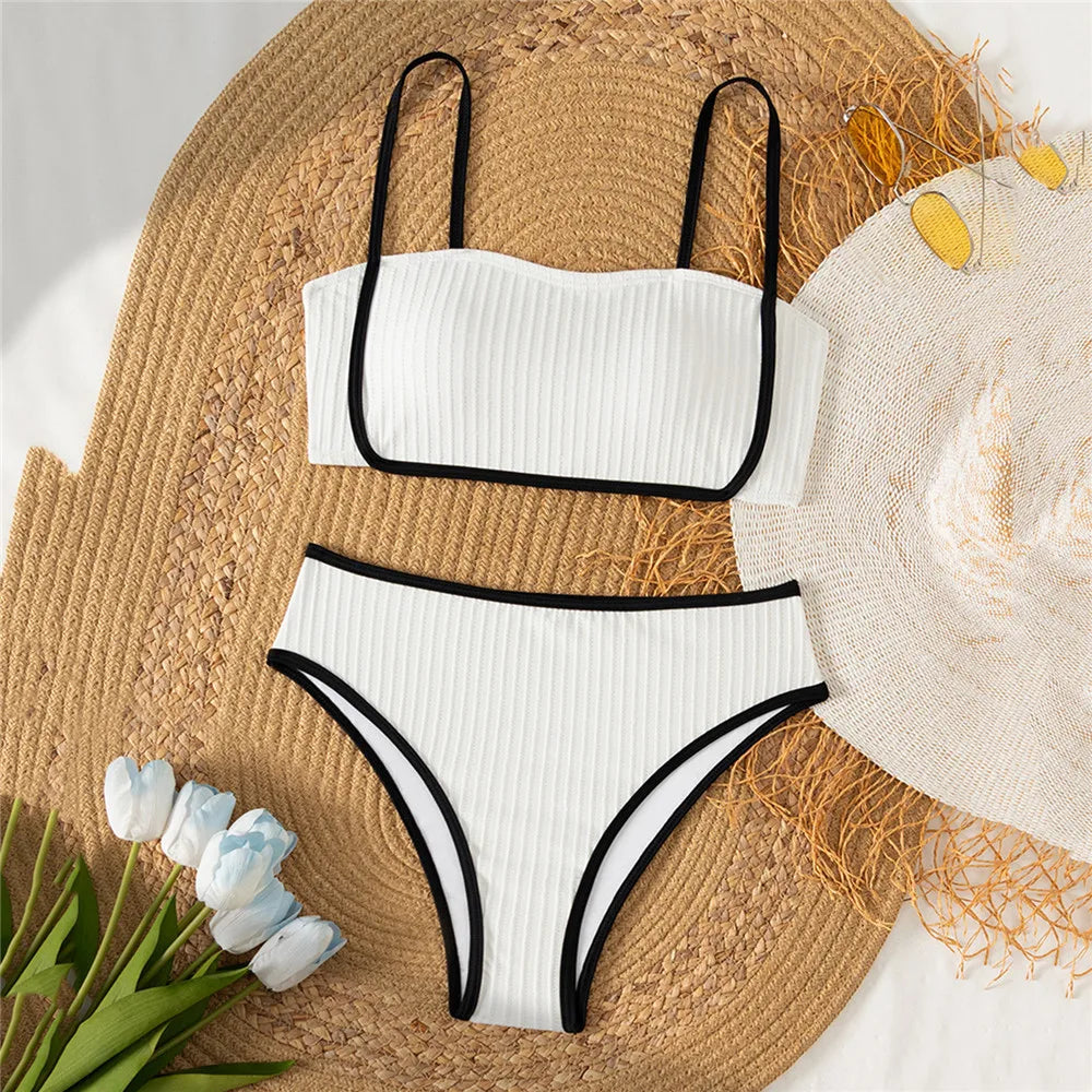 Solid White Swimwears Bandeau Bikinis Sets Ribbed Sexy Swimsuit Women 2026 Push Up Bathing Suit High Waist Bikini Mujer Biquins