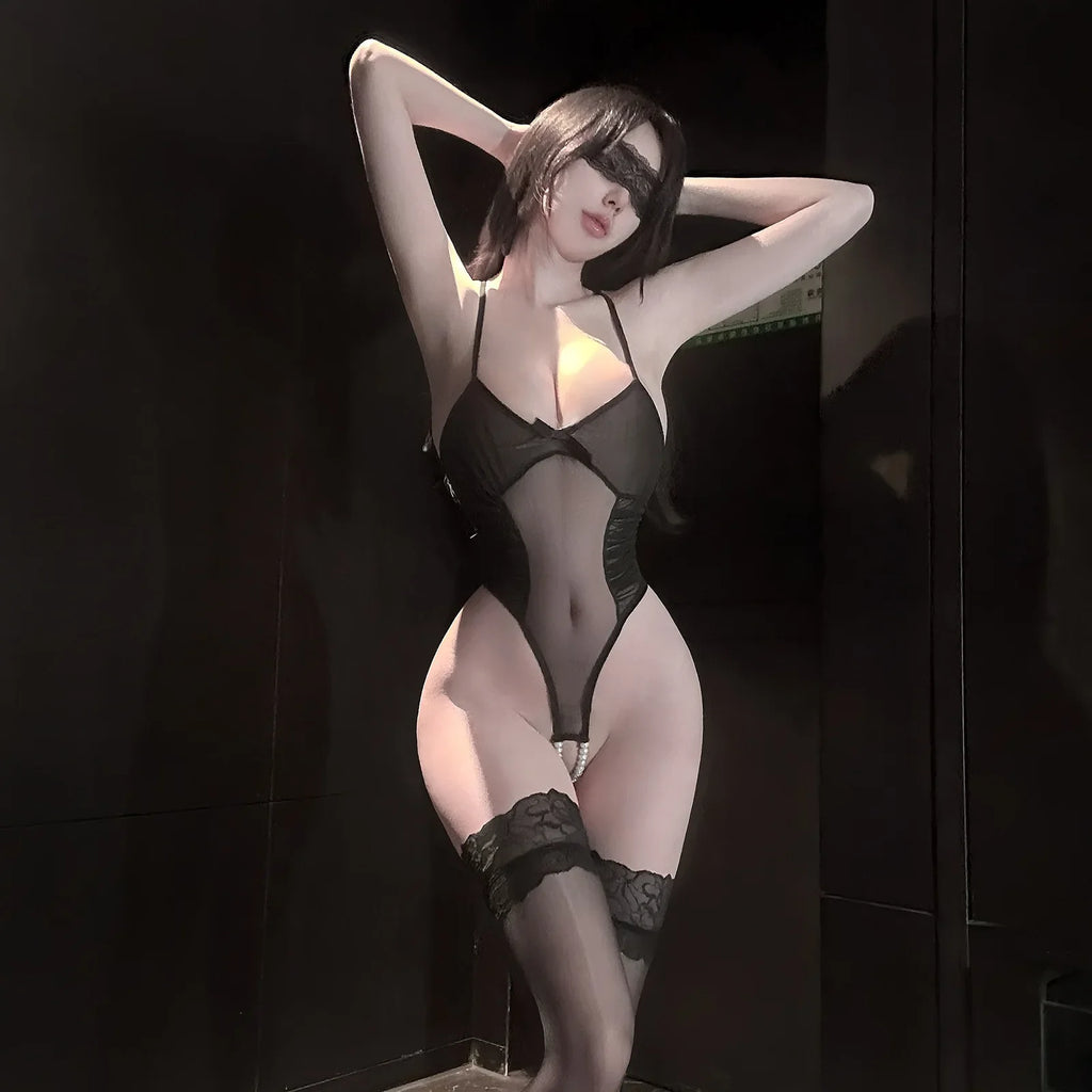 Backless Deep V Suspenders Sleevelesss Transparent Bodysuits Pure Desire Nightclub Bodysuits Mesh Bowknot For Woman Playful 440W