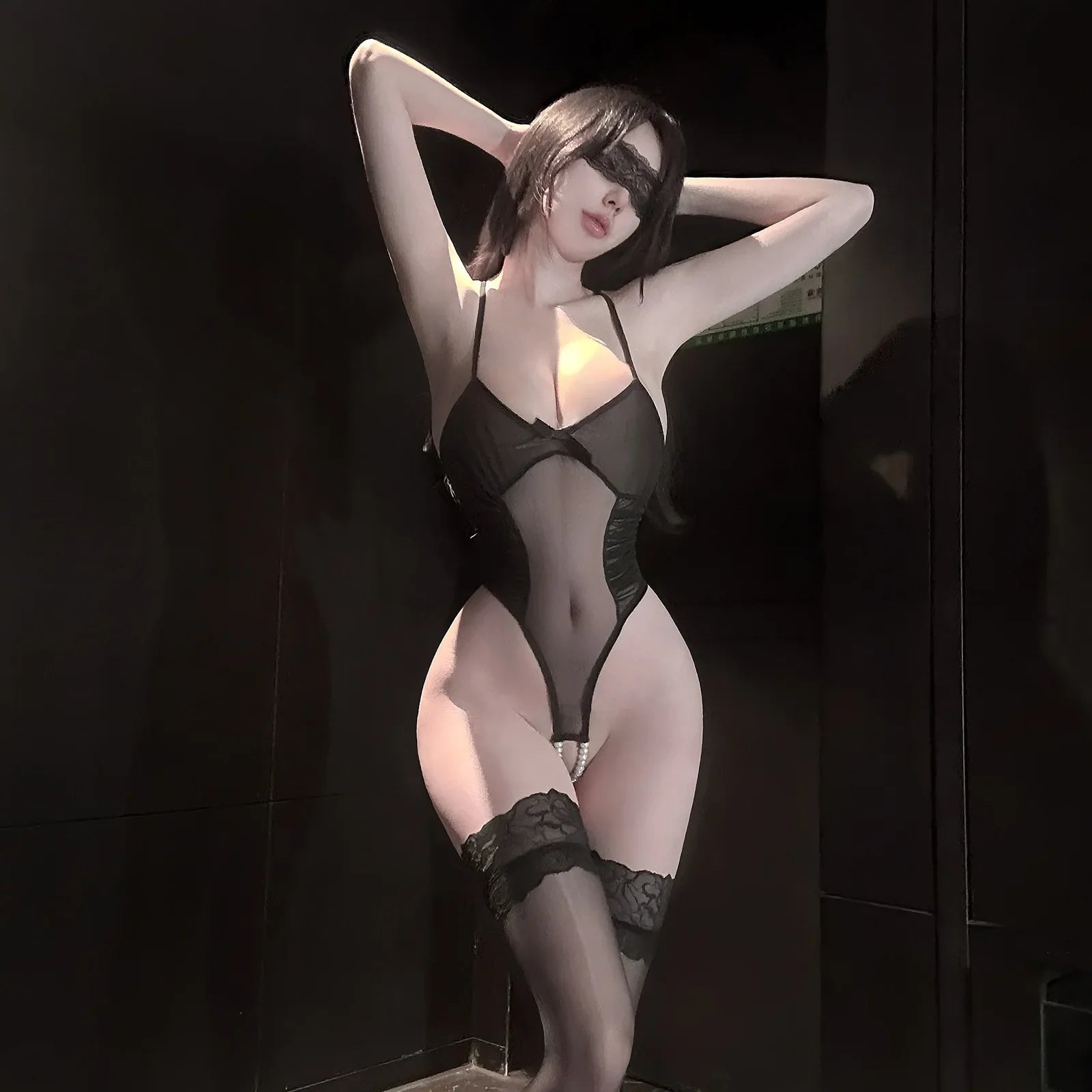 Backless Deep V Suspenders Sleevelesss Transparent Bodysuits Pure Desire Nightclub Bodysuits Mesh Bowknot For Woman Playful 440W