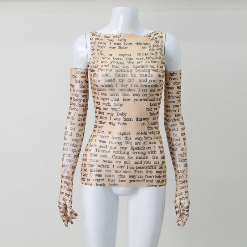 AHAgaga Sexy Tee T-shirt Women 2025 Summer Casual Letter Print Skinny See Through With Gloves Cropped Shirts Women Female Blusas