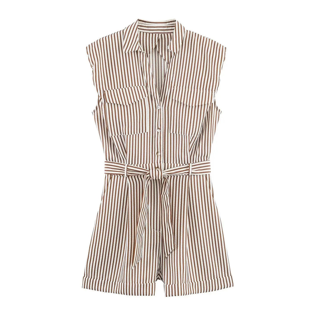 Women's Belted Striped Shorts Jumpsuit Women Striped Sleeveless Button Down Belted Pocket Detail Casual Jumpsuit For Summer 9X2T