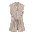 Women's Belted Striped Shorts Jumpsuit Women Striped Sleeveless Button Down Belted Pocket Detail Casual Jumpsuit For Summer 9X2T