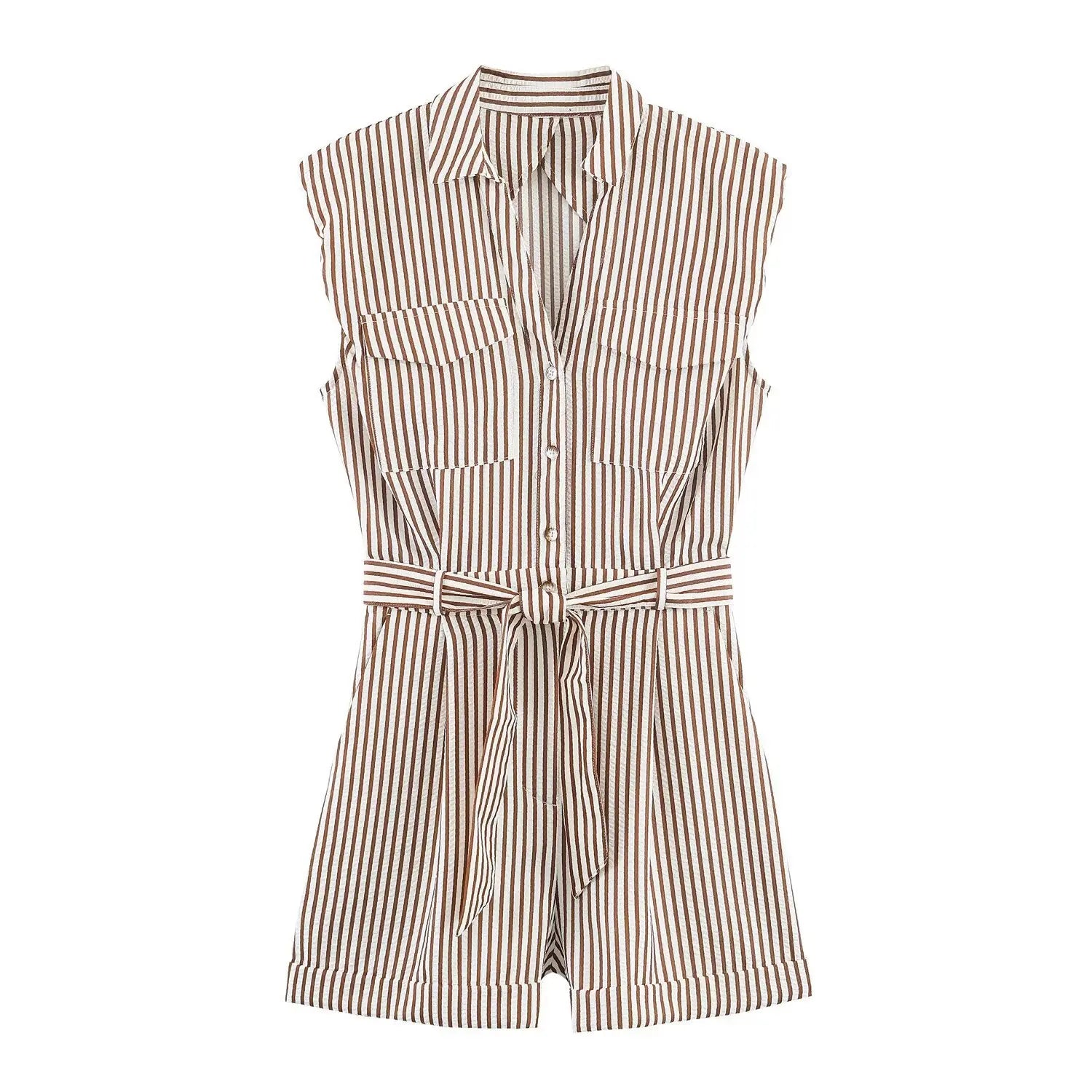Women's Belted Striped Shorts Jumpsuit Women Striped Sleeveless Button Down Belted Pocket Detail Casual Jumpsuit For Summer 9X2T