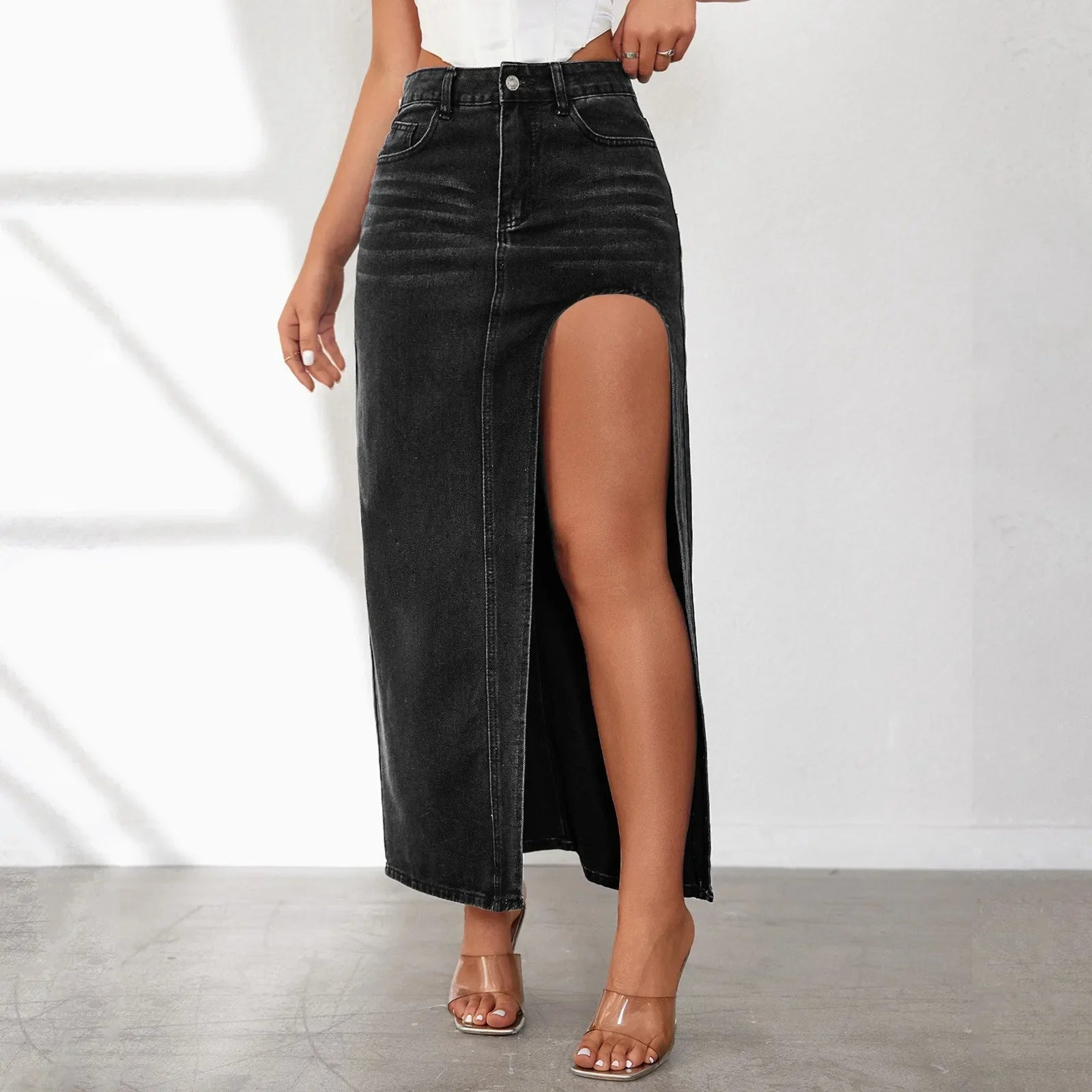 Women's Casual High Waisted Denim Skirt Side Split Casual Sexy Nigh Out Long Maxi Cargo Denim Skirt Summer New Y2k Streetwear