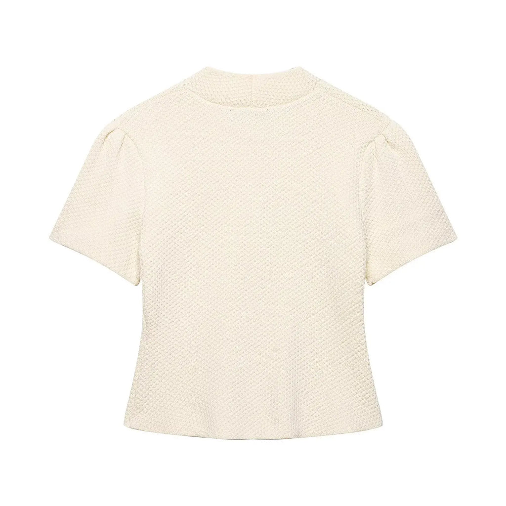 Women's Fashion Casual Structured Knit Jacket Women Beige V Neck Short Sleeve Textured Knit Cardigan Button Front Top Charm 17M0