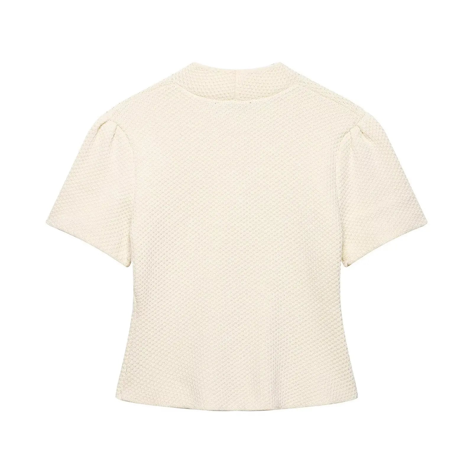 Women's Fashion Casual Structured Knit Jacket Women Beige V Neck Short Sleeve Textured Knit Cardigan Button Front Top Charm 17M0