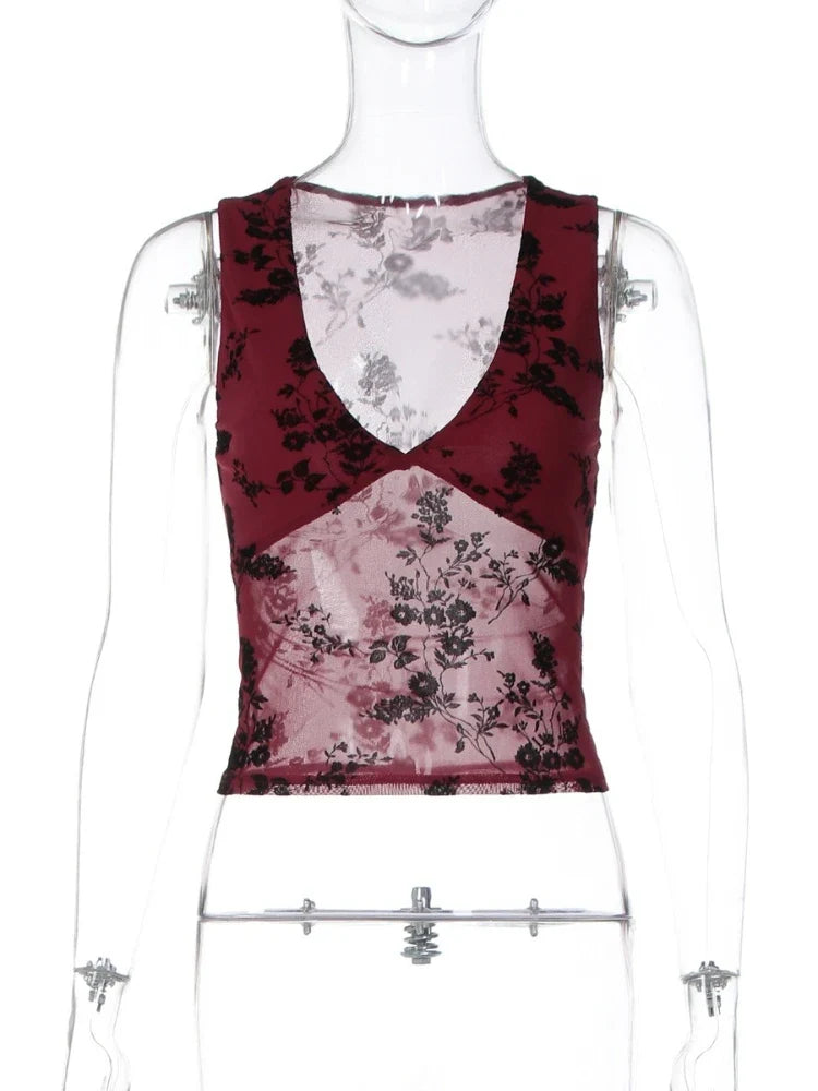 FDYOUI Sexy V-neck Floral Tank Tops for Women 2026 Summer Sleeveless T-shirt Ladies See-through Mesh Corset Top Black Wine Red