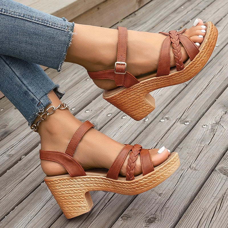 Summer High Heels Sandals Women 2025 Summer Ankle Buckle Platform Sandals Woman Pu Leather Square Heel Gladiator Sandalias Mujer