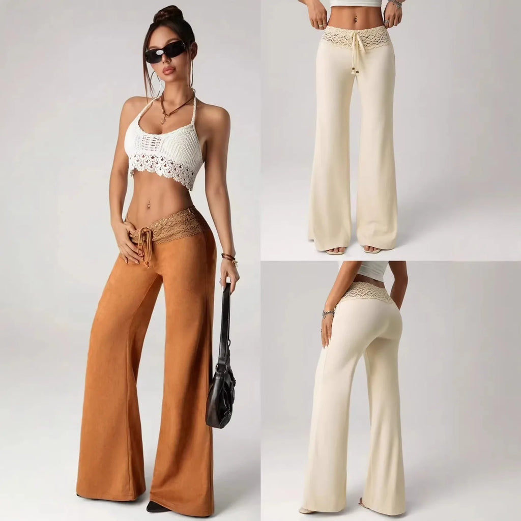2026 New Women Elegant Solid Color Lace Trim High Waist Wide Leg Pants Casual Loose Palazzo Trousers
