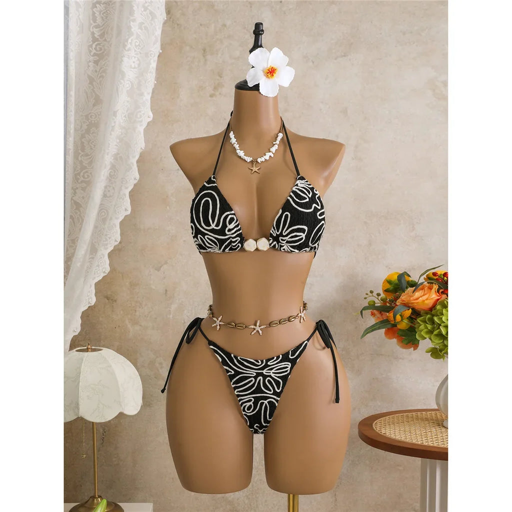 With Sarong Halter Printed Bikini Women Swimwear Female Swimsuit Padded Bather Bathing Suit Swim Three-pieces Bikini set K8073