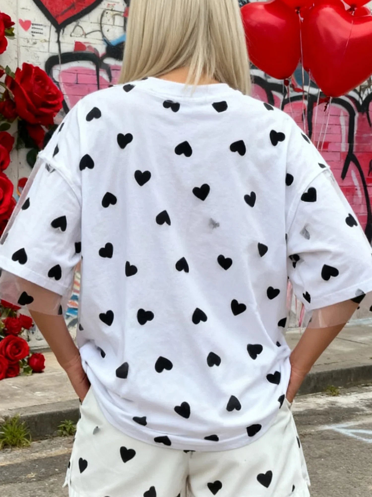 Summer T-Shirt Women Casual Loose Fit Stylish Love Heart Print Crew Neck Short Sleeve Tops