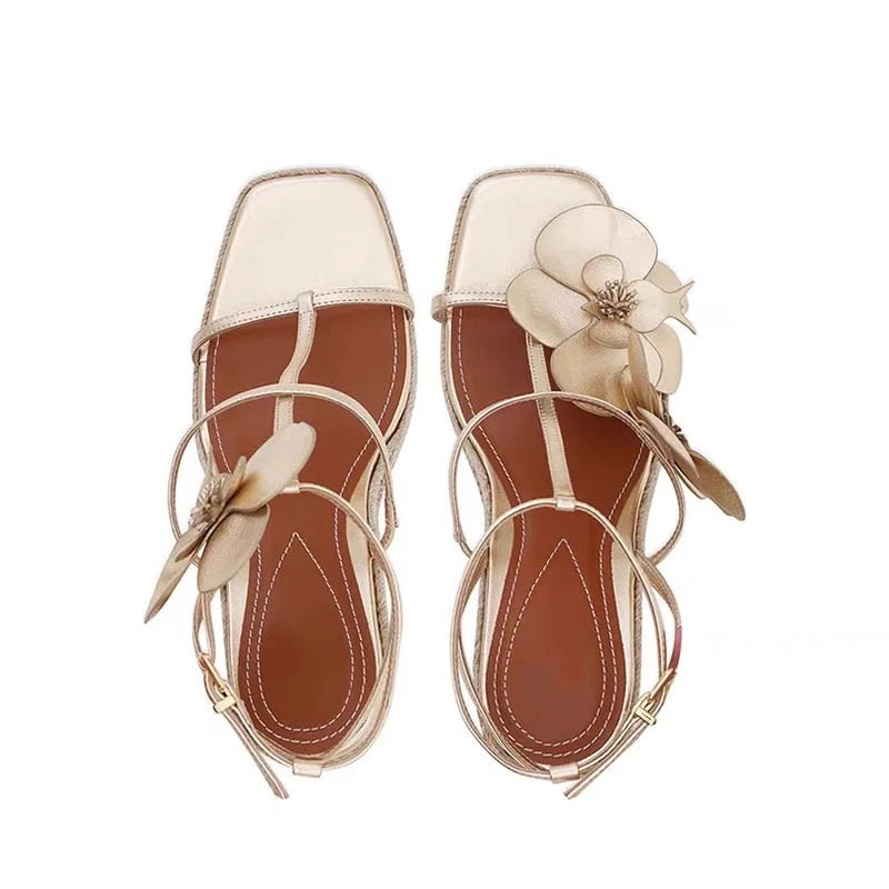 Flower Square Toe High-Heeled Shoes for Women, Slope Heels, Summer Gold One-Piece Sandals High-End Grass Woven Sandals for Women