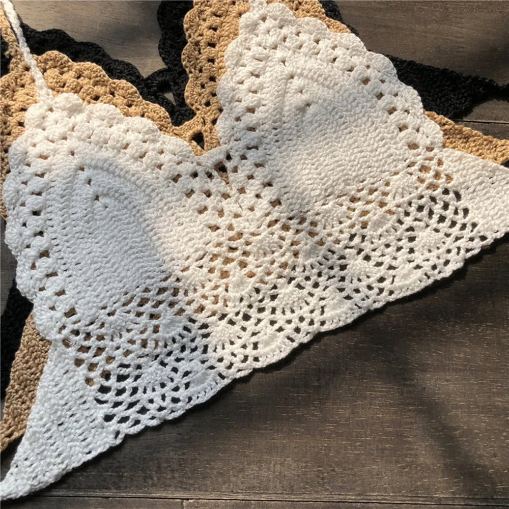 Sexy Crochet Crop Top Bikini Crop Top Women Crochet Boho Beach Camisoles Bikini Bralette Halter Cami Knitted Bra Backless