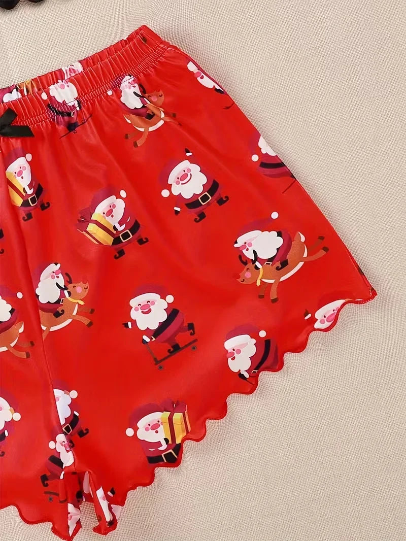 Women's Sleepwear Christmas Santa Print Pajama Set Spaghetti Strap Crew Neck Top and Shorts Set Home Wear Loungewear
