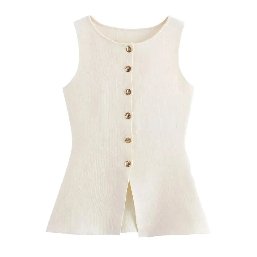 Women's Sleeveless Knit Top With Metal Buttons White Sleeveless Button Down Vest And Maxi Skirt Two Piece Set For Women S7XY