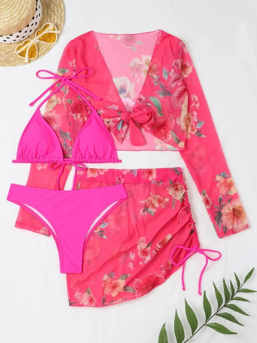 2026 Summer Women's 4 Pieces Suit Swimwear Neck Lace-up Bikini Set+crop Top+skirts Floral Print Gauze Swimsuit Beachwear Biquini