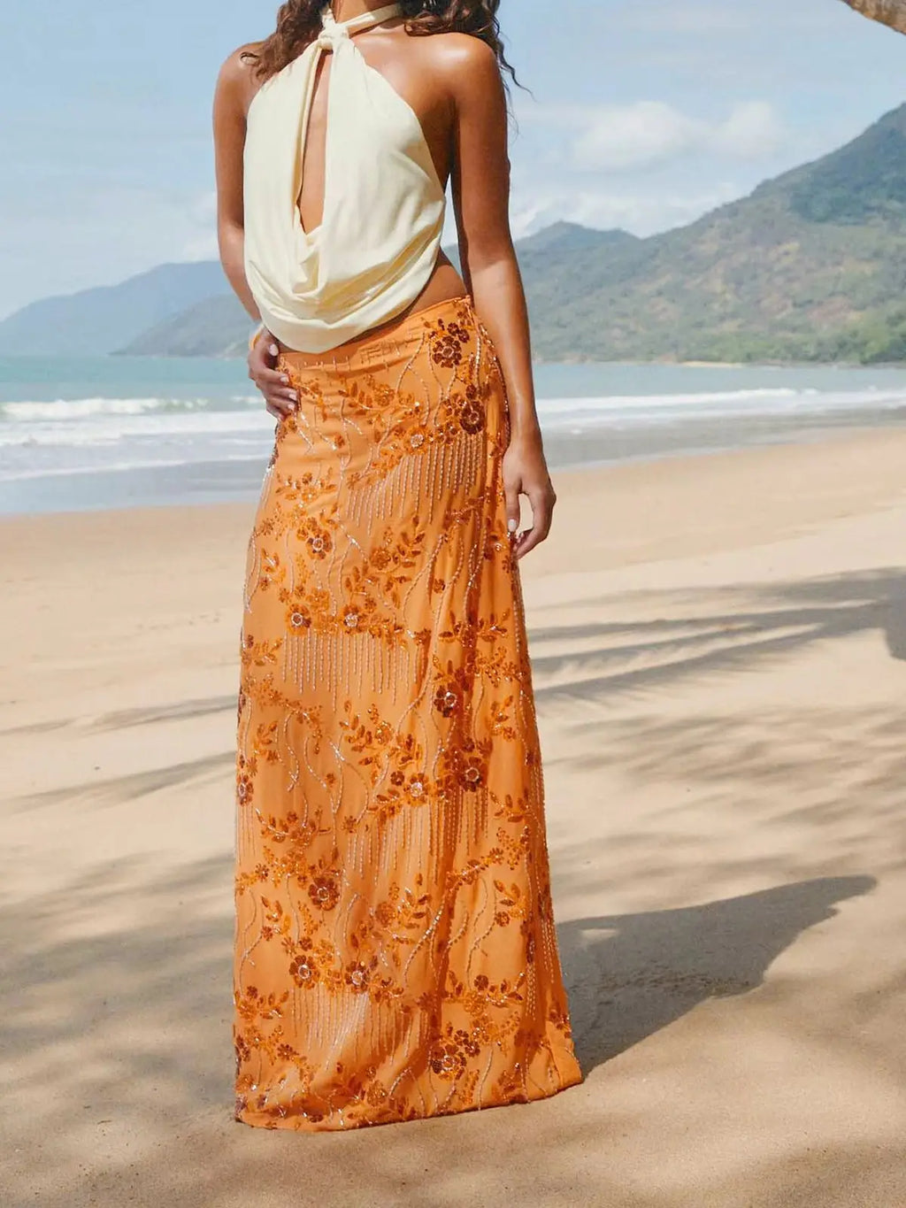 Women Summer Long Skirt for Beach Party Club Sequin Floral Embroidery Loose Fit Straight Skirt Casual Elegant Streetwear