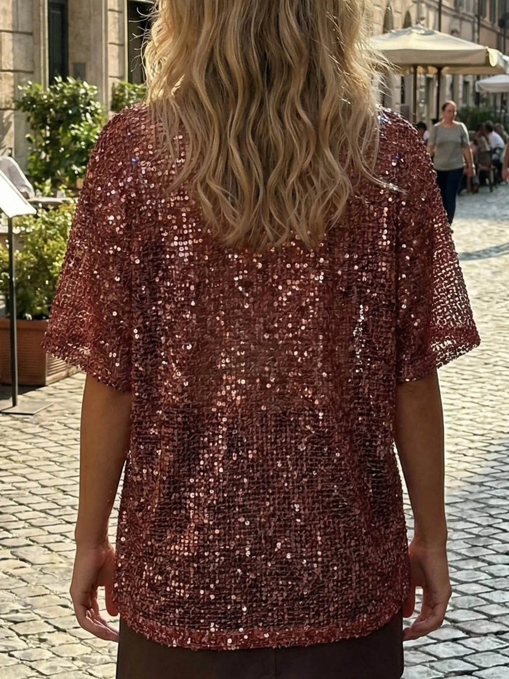 Summer Women's Fishnet T-shirt Casual Loose Fit Stylish Solid Color See Through Sequined Crew Neck Elbow Sleeve Tops