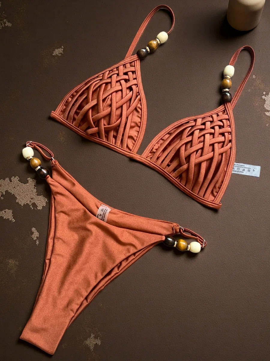 Cross Bandage Beads Bikinis 2026 Push Up Bra Bikini Women Swimwear Female Swimsuit Two-pieces Bikini Set Bathing Suit Swim Lady