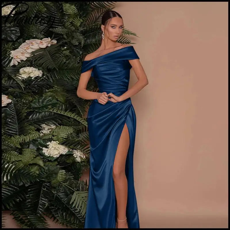 Elegant Satin Solid Color Off-Shoulder Women's Long Dress Sexy High-Waisted Flim Slit Pleated Dress for Lady Party Wedding