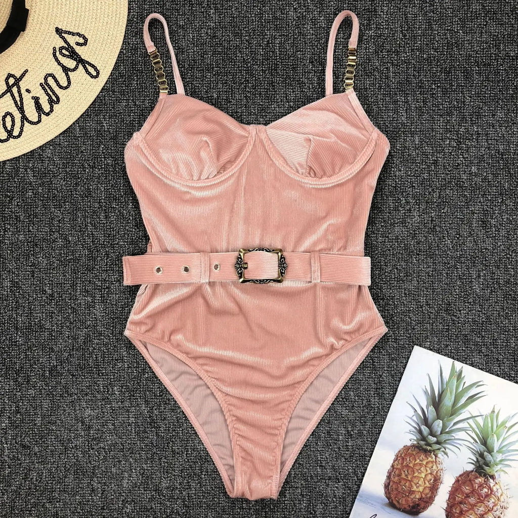 2026 High Quality Sexy One Piece Swimsuit Swimwear Women Push Up Pit Striped Metal Chain Straps Bathing Suit Beachwear with Belt