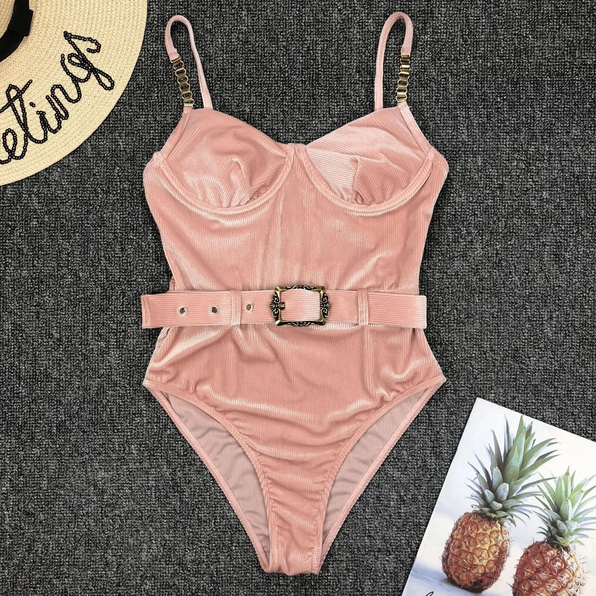 2026 High Quality Sexy One Piece Swimsuit Swimwear Women Push Up Pit Striped Metal Chain Straps Bathing Suit Beachwear with Belt