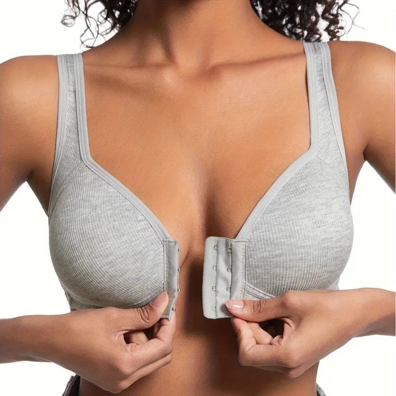 Women's Bra Wire-Free Front Closure Solid Color Full Coverage Fixed Cups More Considerate for Middle-Aged And Elderly Individual