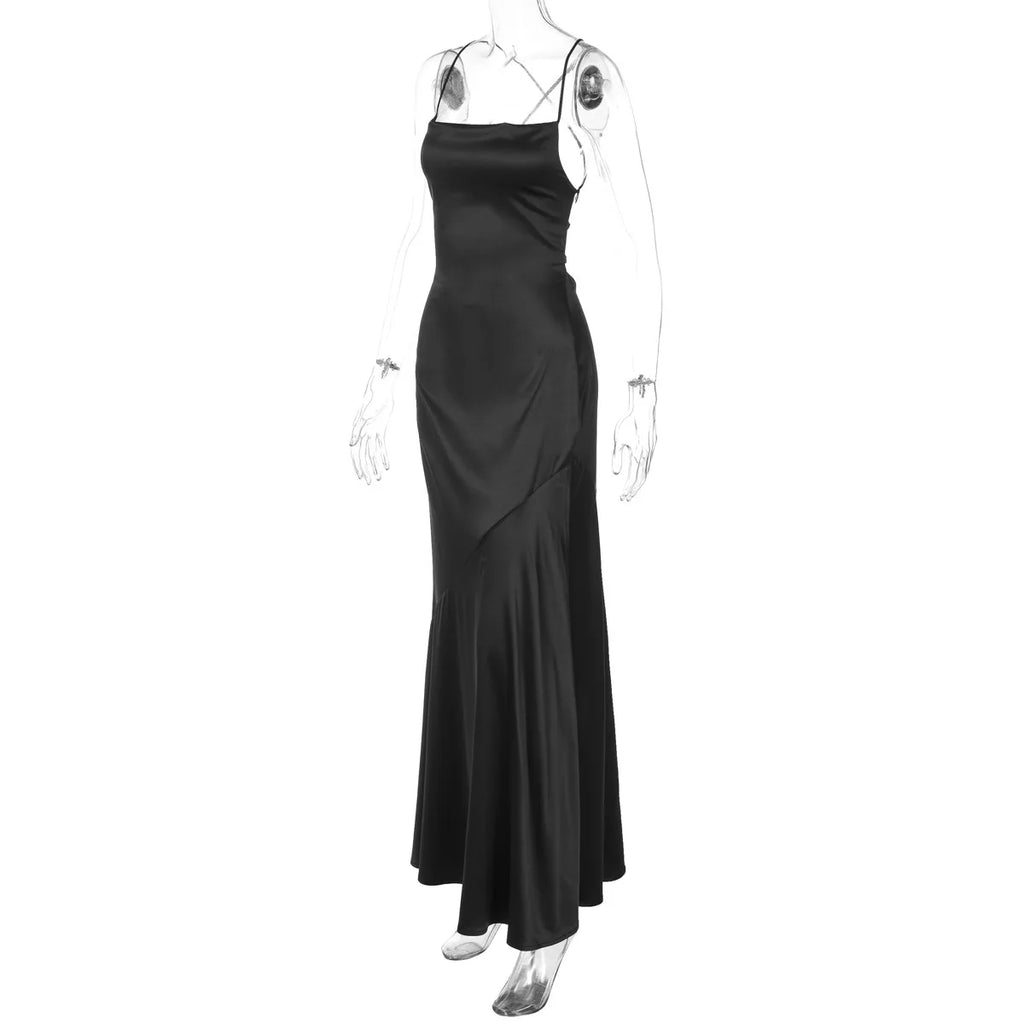 FDYOUI Women's Bandage Long Maxi Satin Dress Black 2026 Sexy Spaghetti Strap Slash Neck Backless Lace-up Party Evening Dresses