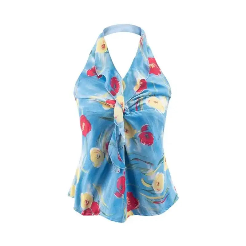 Deep V-neck Halter Neck Camisole For Women With Cross-tie Front Sexy Open Back Printed Design Perfect For Vacations Fashion AKE0