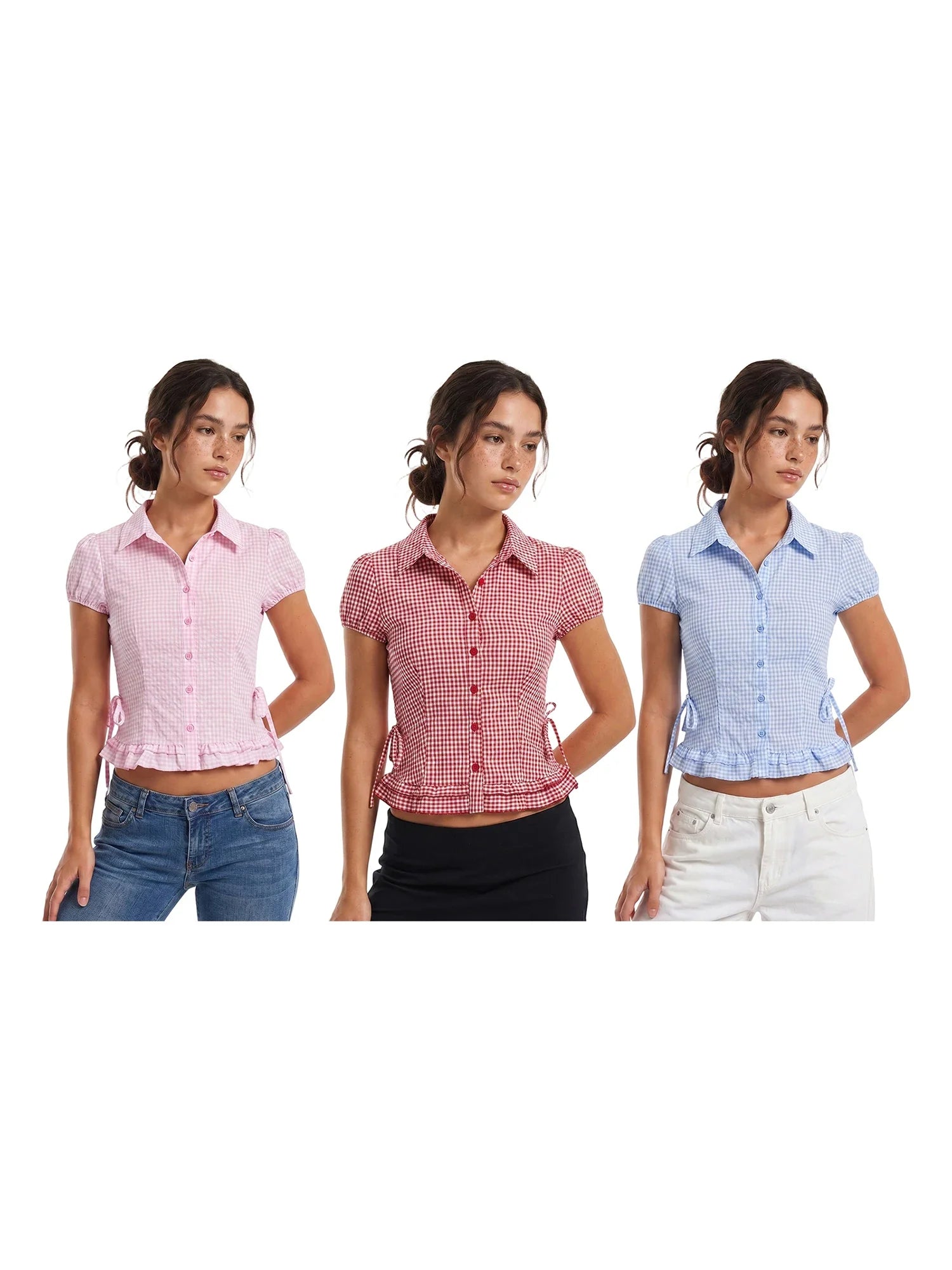 Women Plaid Shirts Button Down Puff Short Sleeve Lapel Neck Tops Fashion Slim Fit Ruffle Trim Blouses Summer