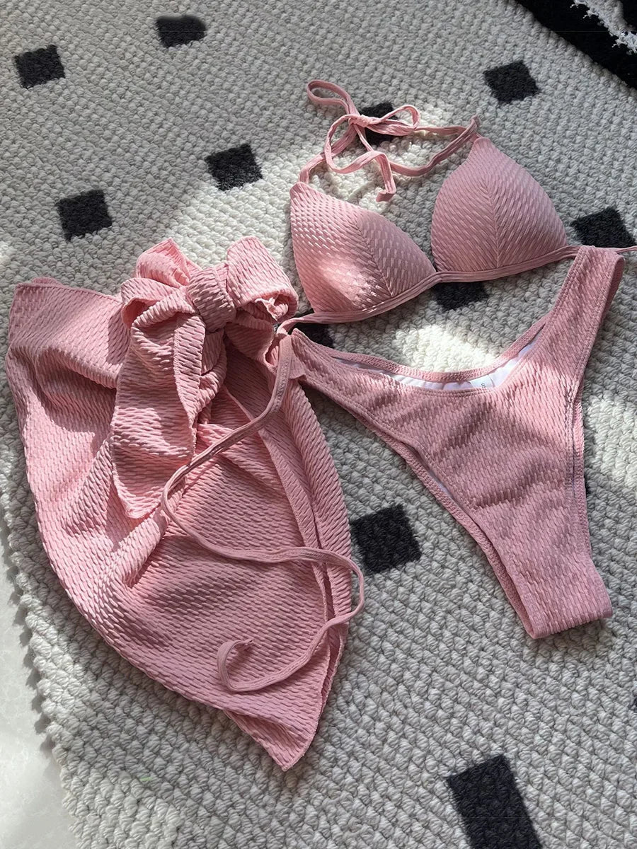 With Skirt Wrinkled Bra Cup Bikini Female Swimsuit Women Swimwear Three-pieces Bikini Set Push Up Bathing Suit Swim Beachwear