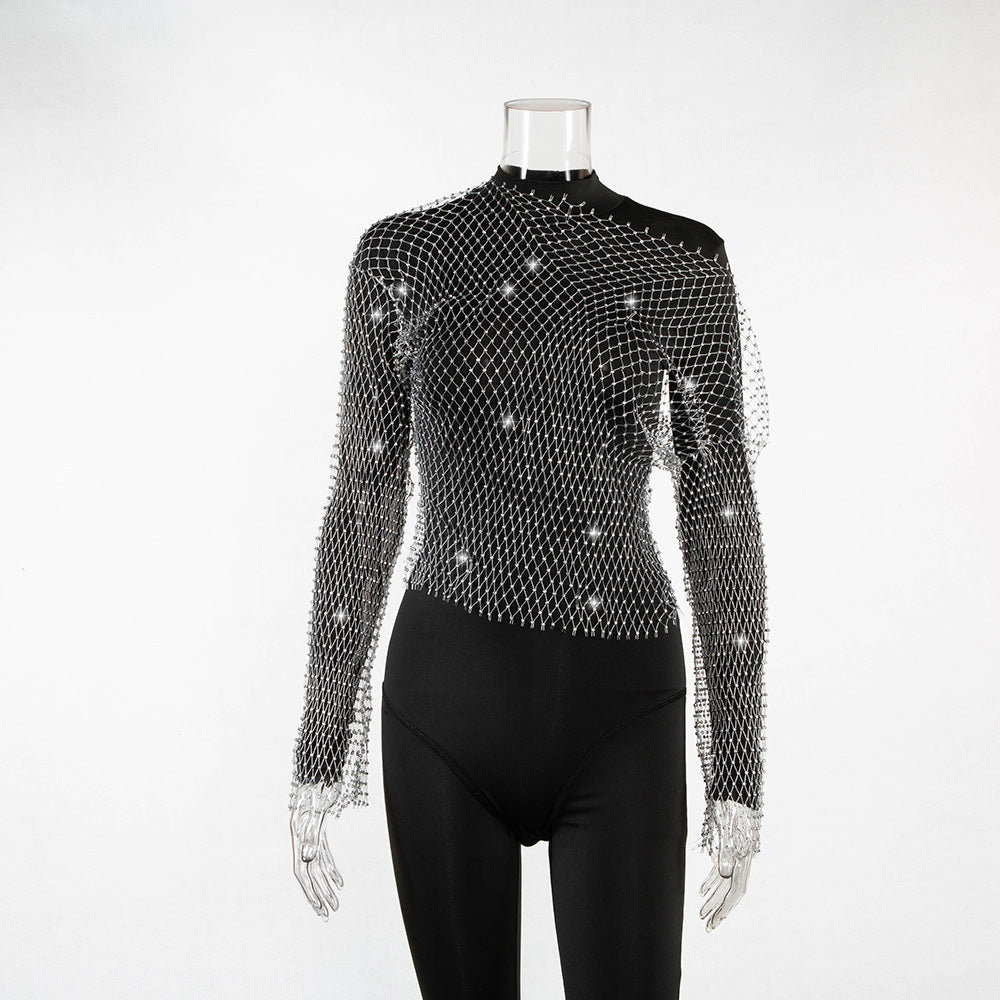 Women Rhinestone Fishnet T-shirt Solid Color Long Sleeve Crop Tops See Through Hollow Out Sexy Shirts Female Smock Tops