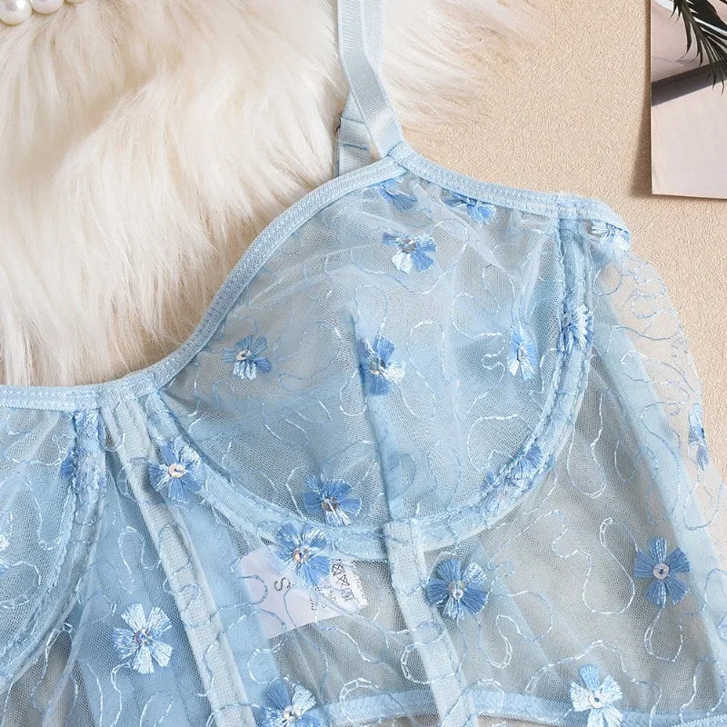 Toucheart Sexy Lingerie Mesh Embroidered Flowers Underwire Fishbone Sexy Floral Transparent Lace Underwear Sexy Lingerie Suit