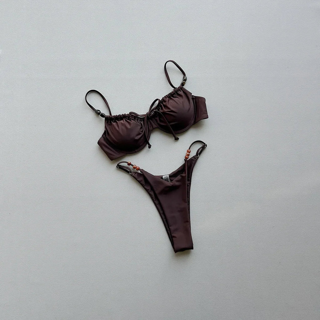 New Fashion Women Sexy Underwire Padded Swimsuit Bead Decor Lace-up Backless Micro Bikini Beachwear Push Up Low Waist Swimwear