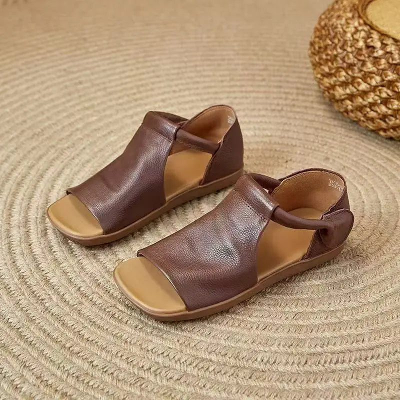 New Women's Peep Toe Flat Sandals - Retro Soft Leather Breathable Comfortable Versatile Casual Shoes 2026