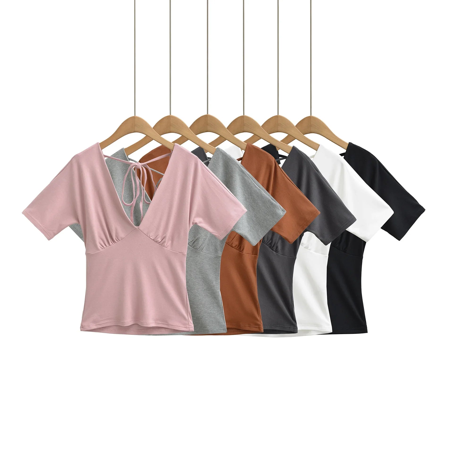 Spring Korean Slim Fit Deep V Neck Tie-Up Clean Face Crop Top Short Sleeve Pullover T-Shirt Base Shirt Solid Color Fashion RM7O