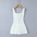 Square Neck Lace Trim Spliced Strap Dress For Women Front Mini Bud Skirt White Lace Mini Dress Ruffle Casual Summer Dress 4MXE
